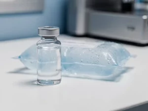 Vaccinflesje op wit klinisch oppervlak naast een smeltend koelelement, koude keten opslag in gezondheidszorg.
