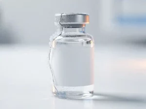 Vaccinflesje met vorstschade op witte klinische ondergrond, zichtbare ijsvorming langs de glazen rand.