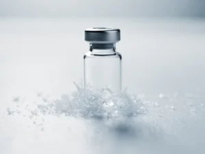 Glazen vaccinflesje op bevroren klinisch oppervlak met ijskristallen aan de basis, gefotografeerd op ooghoogte.