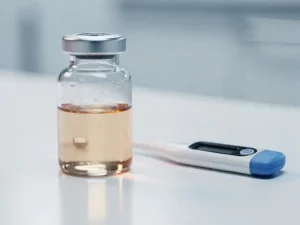 Glazen vaccinflesje op wit klinisch oppervlak naast een digitale thermometer, lichte condensatie op het glas.