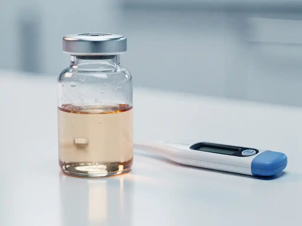 Glazen vaccinflesje op wit klinisch oppervlak naast een digitale thermometer, lichte condensatie op het glas.