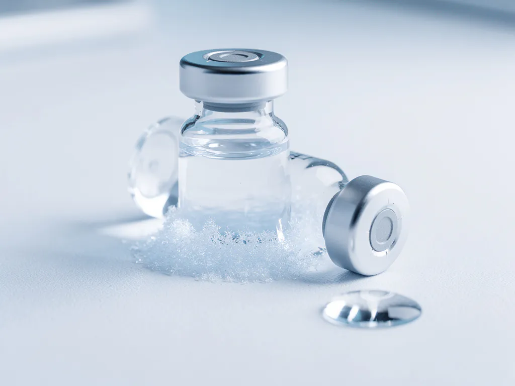 Glazen vaccinflesje op wit klinisch oppervlak met ijskristallen aan de basis en een bevroren waterdruppel ernaast.