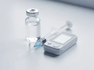 Glazen injectieflacon en spuit naast digitale temperatuurlogger op wit klinisch oppervlak, koude blauwtinten, ondiepe scherptediepte.