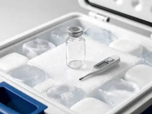 Vaccinflesje in open medische koelbox met wit isolatieschuim en digitale thermometer, koude blauwtinten, klinische setting.