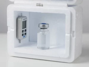 Vaccinflesje rechtop in open witte geïsoleerde verzendbox met schuimvulling en digitale temperatuurlogger, klinische witte en ijsblauwe tinten.