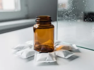 Afgesloten amber medicijnfles omringd door silicagelpakketjes op wit laboratoriumoppervlak, met condensdruppels op nabijgelegen glaspaneel.