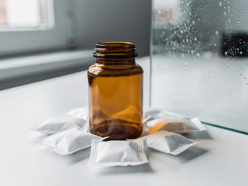 Afgesloten amber medicijnfles omringd door silicagelpakketjes op wit laboratoriumoppervlak, met condensdruppels op nabijgelegen glaspaneel.