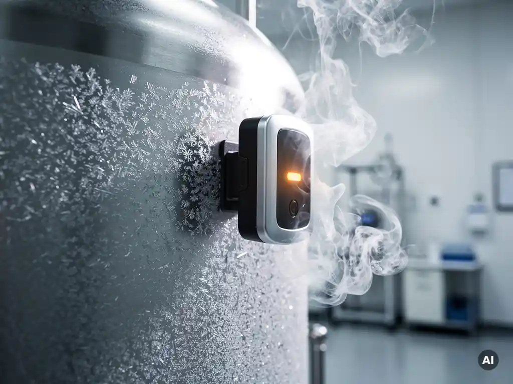 Datalogger geklipt op bevroren buitenwand van cryogene stikstoftank in farmaceutisch laboratorium, met opstijgende stikstofwolken en amberkleurig LED-lampje.