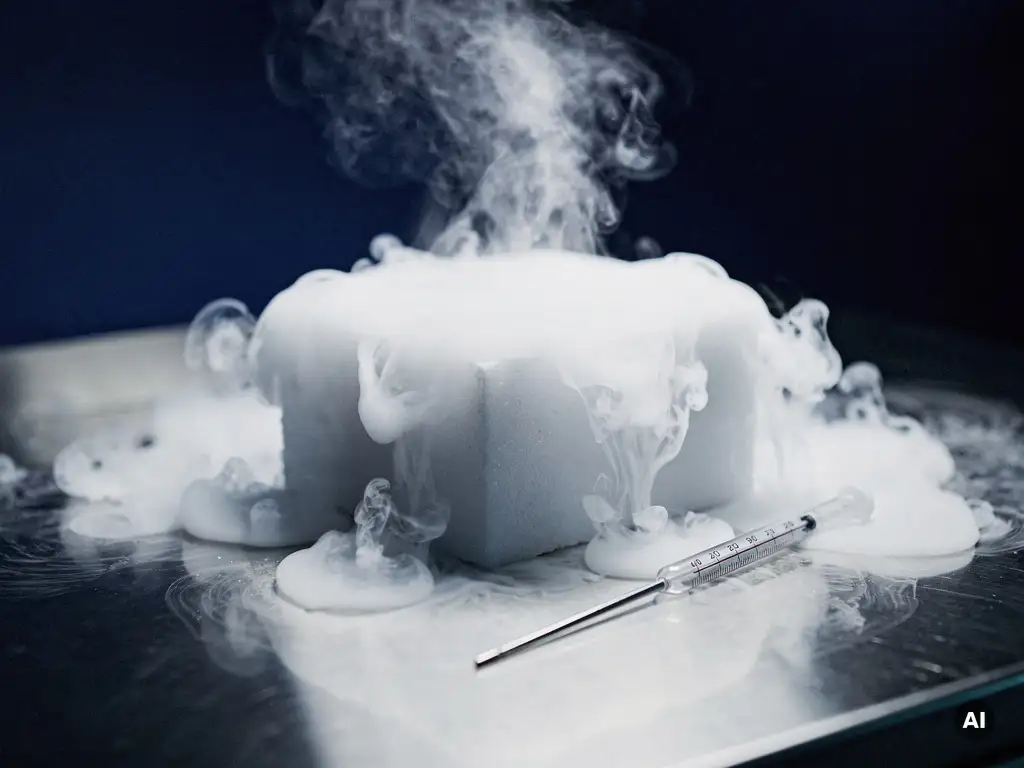 Droog ijs op roestvrijstalen oppervlak met neerwaartse witte mist en thermometerprobe, koele blauwtinten.