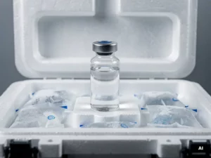 Glazen injectieflacon met heldere farmaceutische vloeistof in geïsoleerde koelbox met ijspacks voor cold chain transport.