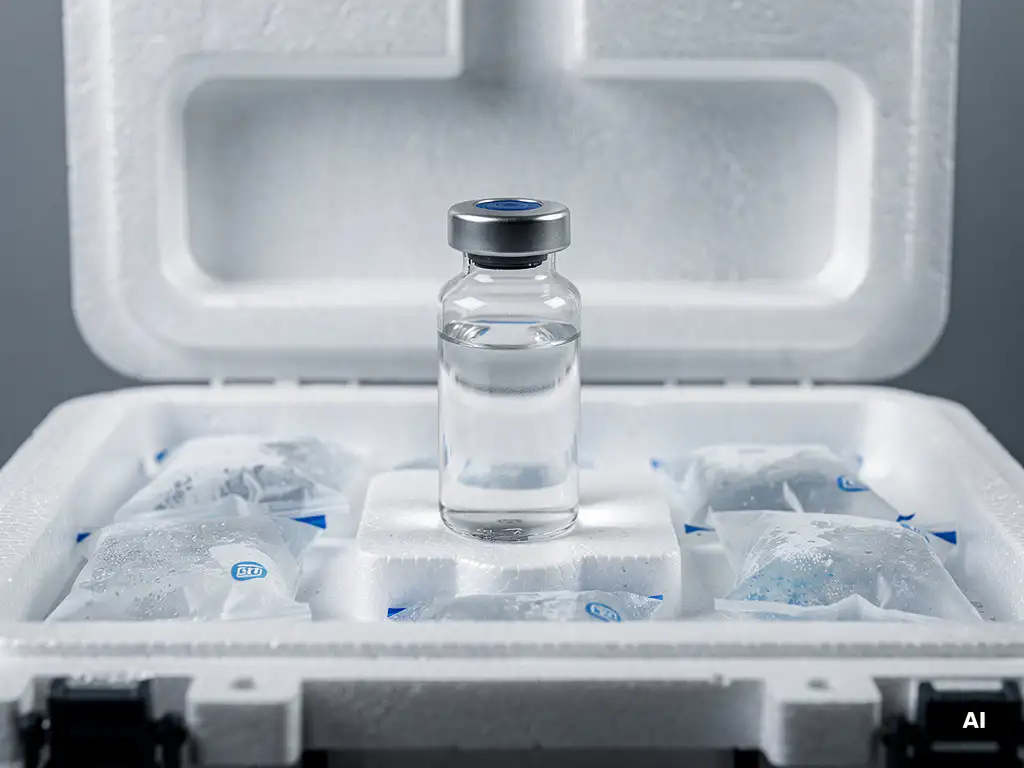 Glazen injectieflacon met heldere farmaceutische vloeistof in geïsoleerde koelbox met ijspacks voor cold chain transport.
