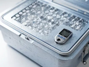 Verzegelde farmaceutische doos met medicijnflacons en temperatuurlogger in geïsoleerde koelcontainer.