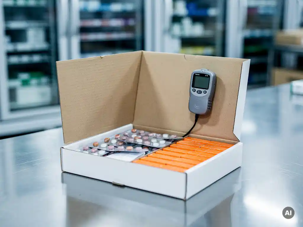 Geopende farmaceutische verzendbox op roestvrijstalen ondergrond met temperatuurlogger en blisterverpakking, koelmagazijn op achtergrond.