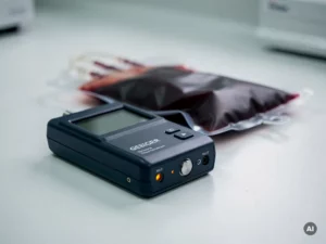 Geigerteller naast een verzegelde bloedzak op een wit laboratoriumoppervlak, zachte belichting in een steriele zorgomgeving.