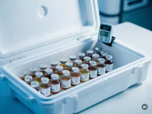 Gesealde farmaceutische koelbox met medicijnflacons en temperatuurlogger in geïsoleerde transportkrat.