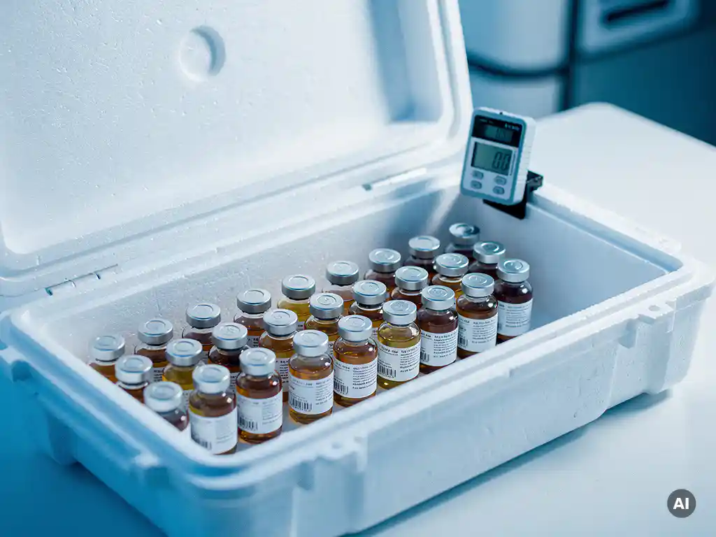 Gesealde farmaceutische koelbox met medicijnflacons en temperatuurlogger in geïsoleerde transportkrat.