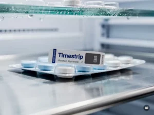 Timestrip temperatuurindicator op farmaceutische blisterverpakking in koude opslag, condensatie zichtbaar op glazen schap.
