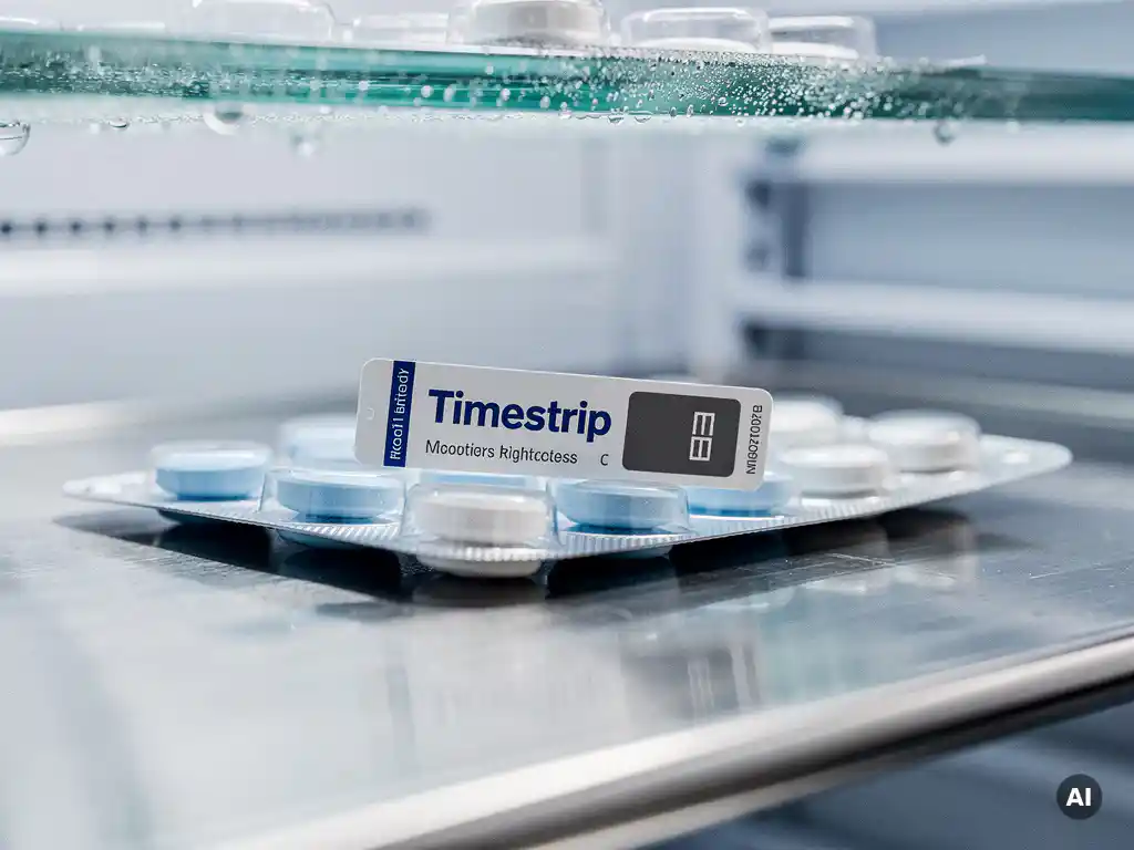 Timestrip temperatuurindicator op farmaceutische blisterverpakking in koude opslag, condensatie zichtbaar op glazen schap.