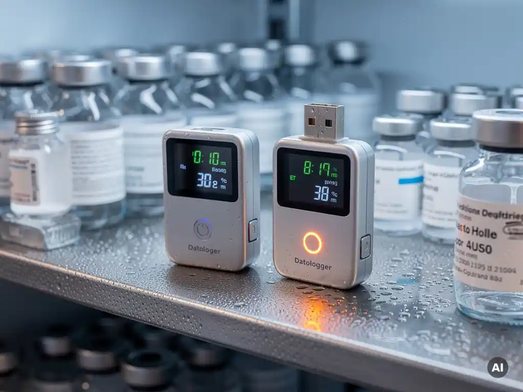 USB-datalogger en draadloze monitoringsensor op roestvrijstalen koelopslagplank naast farmaceutische flacons met condensdruppels.