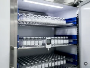 Vaccinflacons in roestvrijstalen koelkast met digitale temperatuurlogger, klinische opslag voor farmaceutische koelketen.