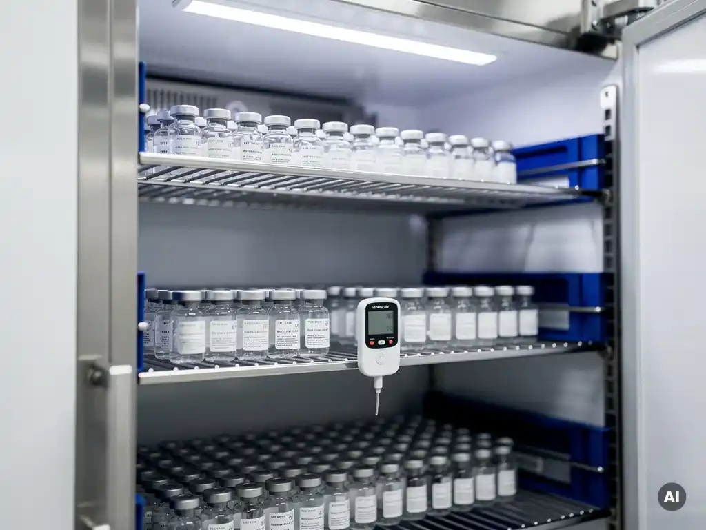 Vaccinflacons in roestvrijstalen koelkast met digitale temperatuurlogger, klinische opslag voor farmaceutische koelketen.