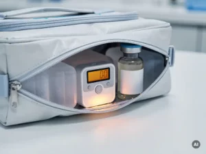 Medische koeltas op klinisch witte ondergrond, gedeeltelijk geopend met temperatuurlogger, ijspakkingen en medicijnflesje zichtbaar.