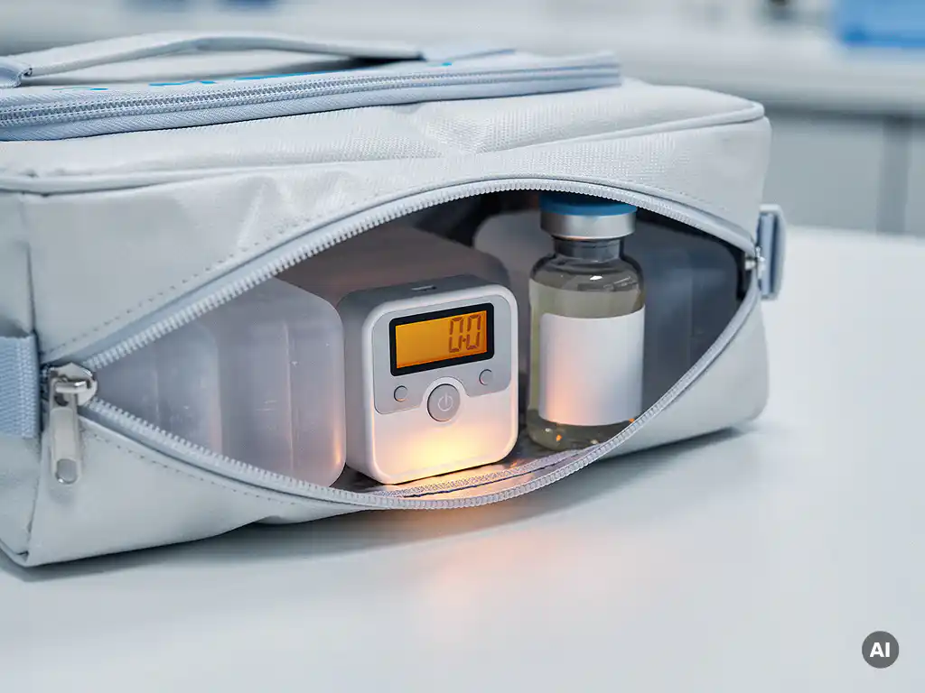 Medische koeltas op klinisch witte ondergrond, gedeeltelijk geopend met temperatuurlogger, ijspakkingen en medicijnflesje zichtbaar.