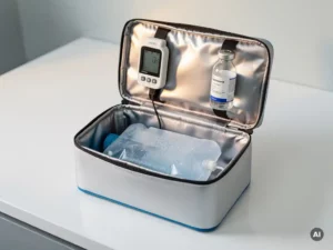 Open medische koeltas met digitale temperatuurlogger, farmaceutisch injectieflacon en gesmolten koelelement op wit oppervlak.