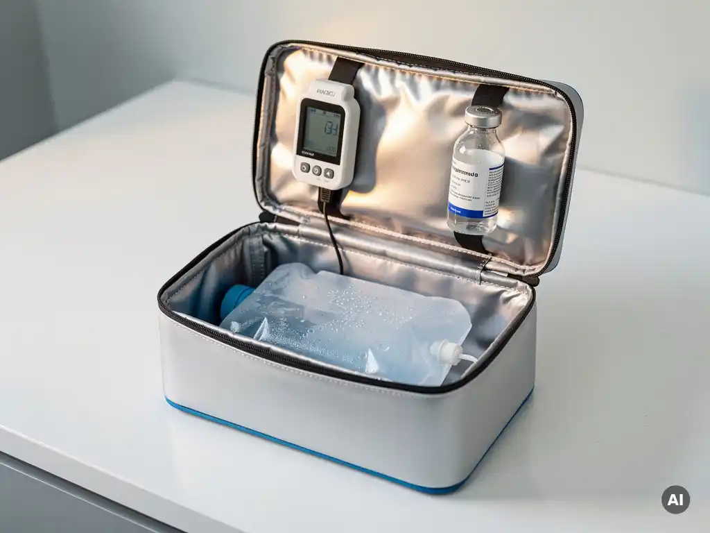 Open medische koeltas met digitale temperatuurlogger, farmaceutisch injectieflacon en gesmolten koelelement op wit oppervlak.