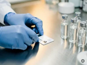Gehandschoende laborant plaatst stralingsmonitor naast farmaceutische injectieflacons op roestvrijstalen werkoppervlak.