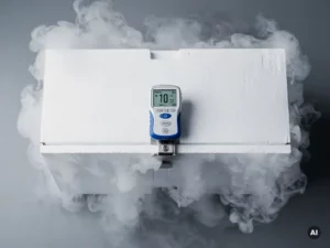 Temperatuur datalogger geklemd op witte geïsoleerde verzendbox gevuld met droogijs, koude keten monitoring apparaat met display.
