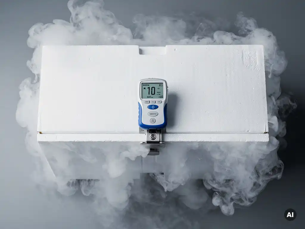 Temperatuur datalogger geklemd op witte geïsoleerde verzendbox gevuld met droogijs, koude keten monitoring apparaat met display.