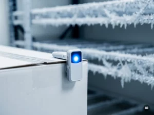 Temperatuurdatalogger geklipt op farmaceutische verzenddoos in koude opslag, met berijpte metalen schappen op de achtergrond.