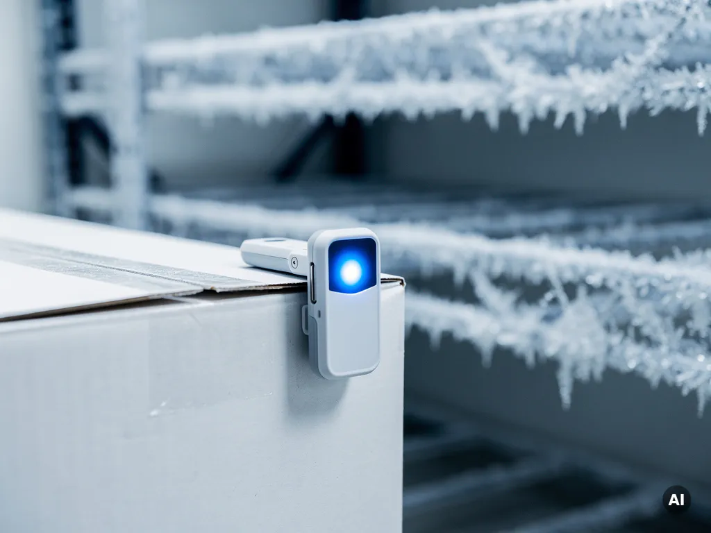 Temperatuurdatalogger geklipt op farmaceutische verzenddoos in koude opslag, met berijpte metalen schappen op de achtergrond.