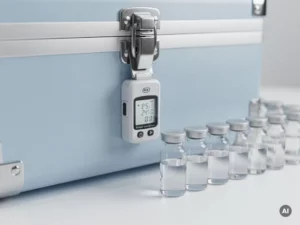 Temperatuur datalogger geklipt op farmaceutische koelbox, omringd door medicijnflacons op wit klinisch oppervlak.