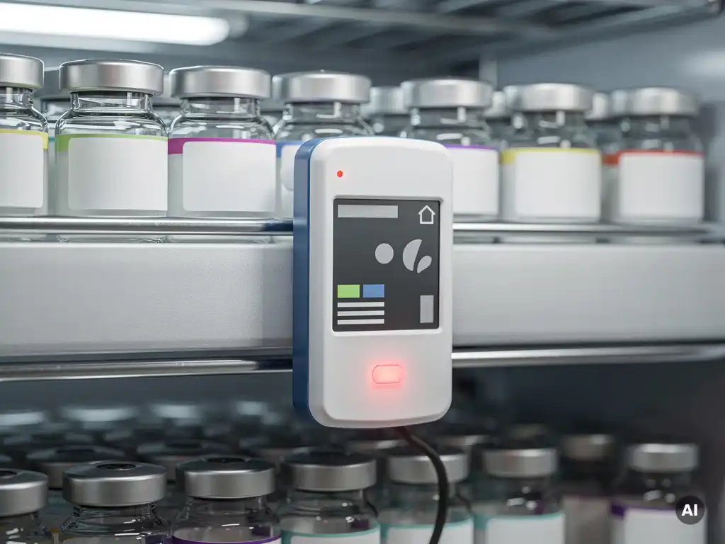 Digitale temperatuur datalogger met rood waarschuwingslampje op farmaceutische koelopslagrek met geneesmiddelenflacons.
