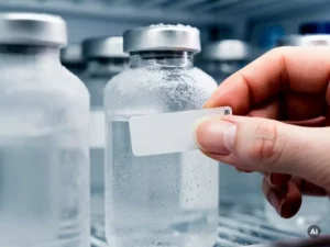 Hand die een Timestrip temperatuurindicator aanbrengt op een gekoeld farmaceutisch injectieflacon met condensdruppels.